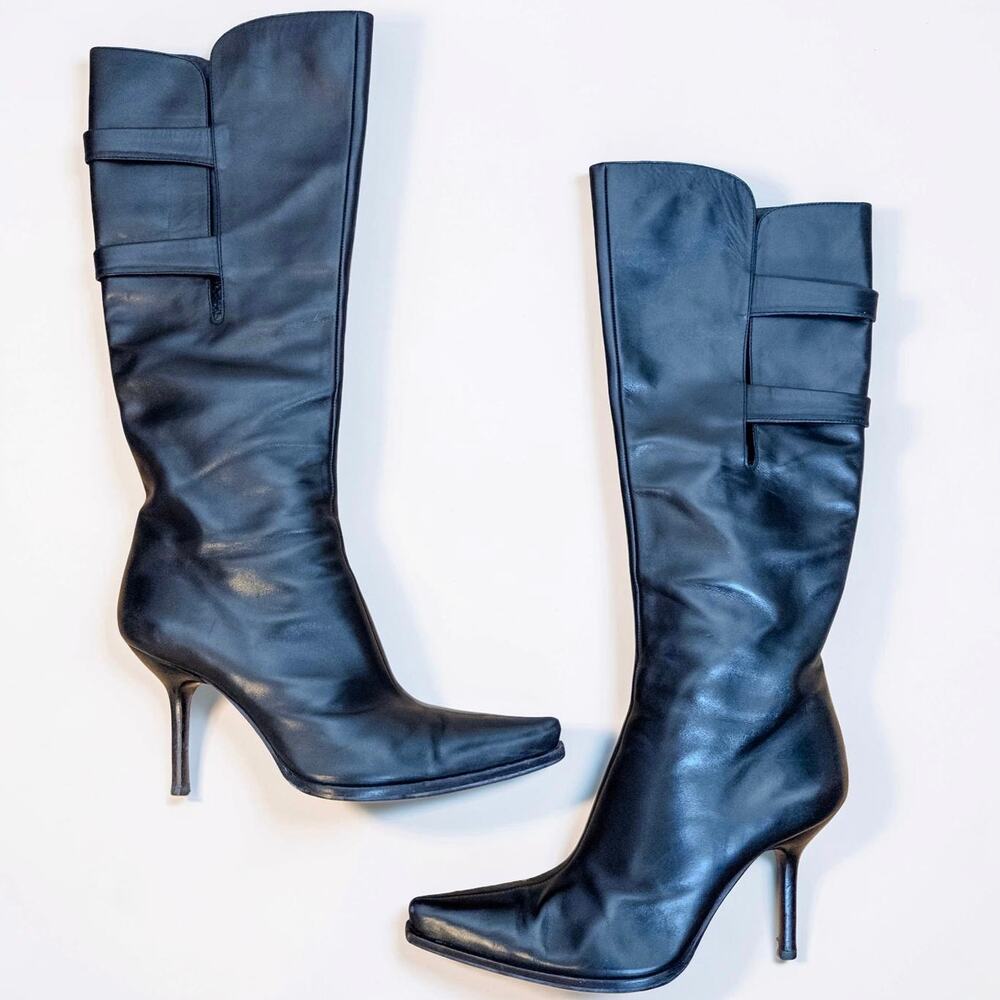 Sergio Rossi Black Leather Knee High Boots Pointed Toe EU 39